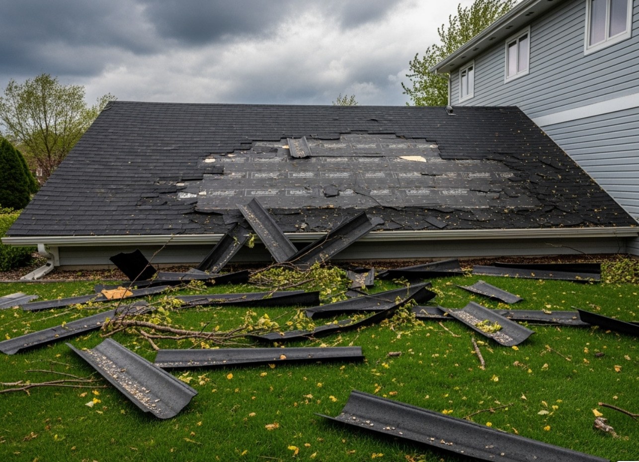 Damaged roof with exposed roofing layers before repair