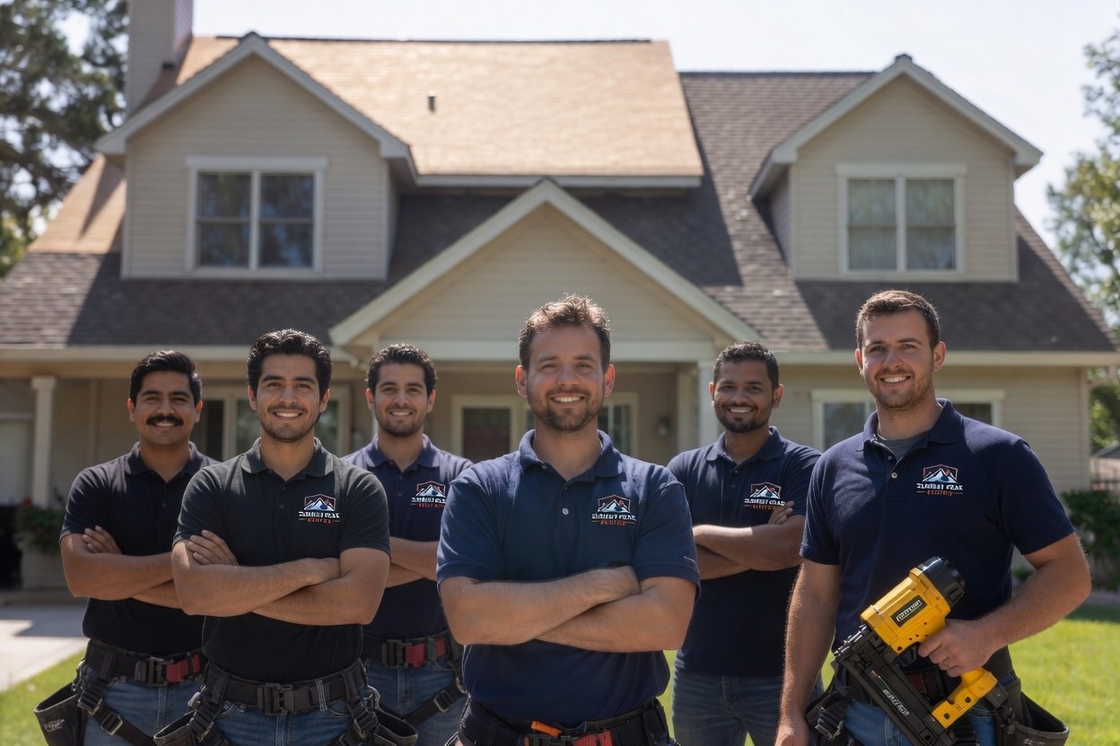 Summit Peak Roofing crew standing together in front of a house