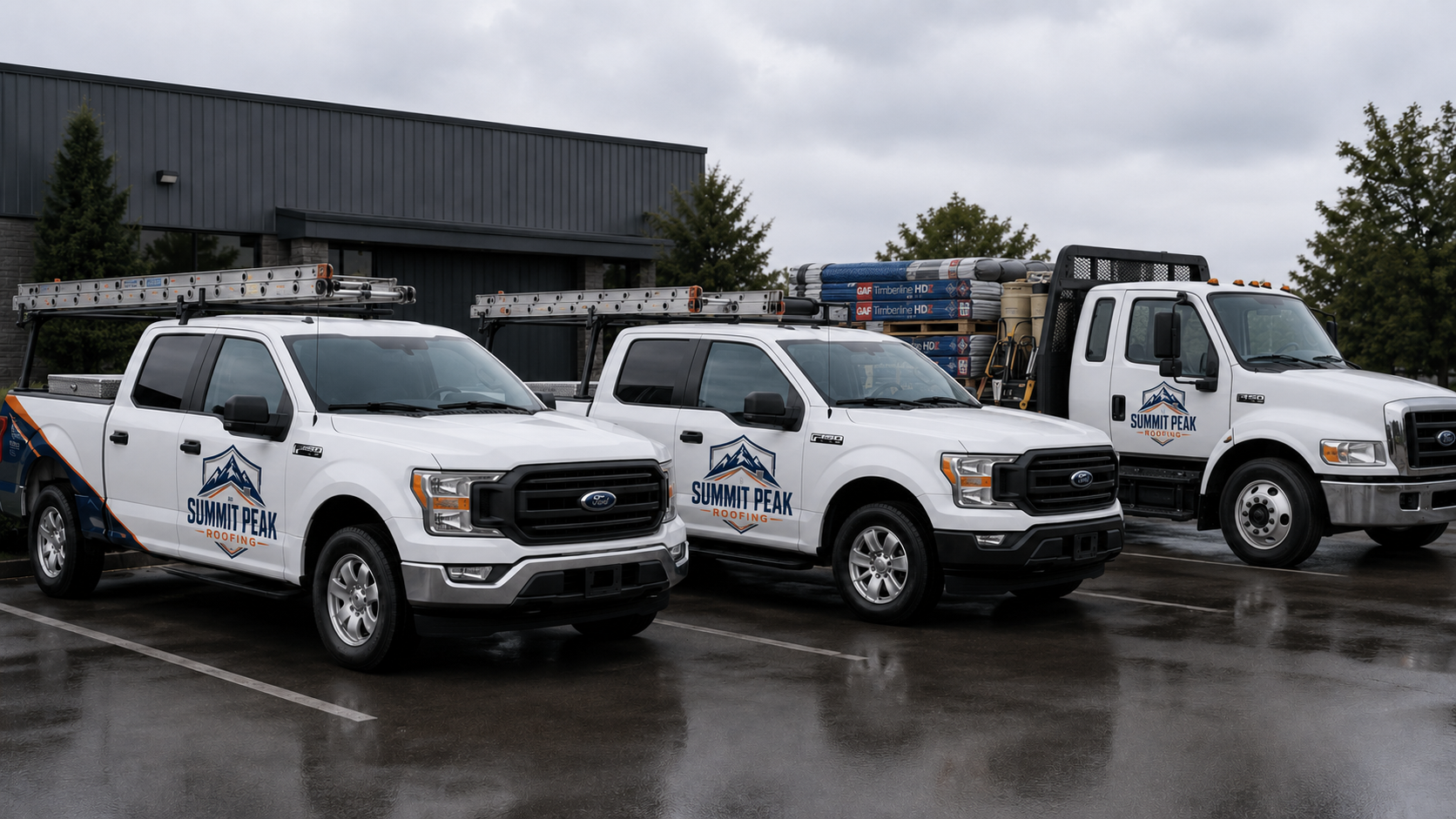 Summit Peak Roofing fleet with trucks and roofing materials
