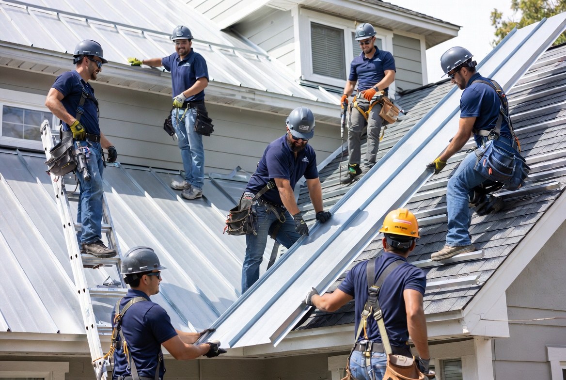 Crew installing a metal roof system